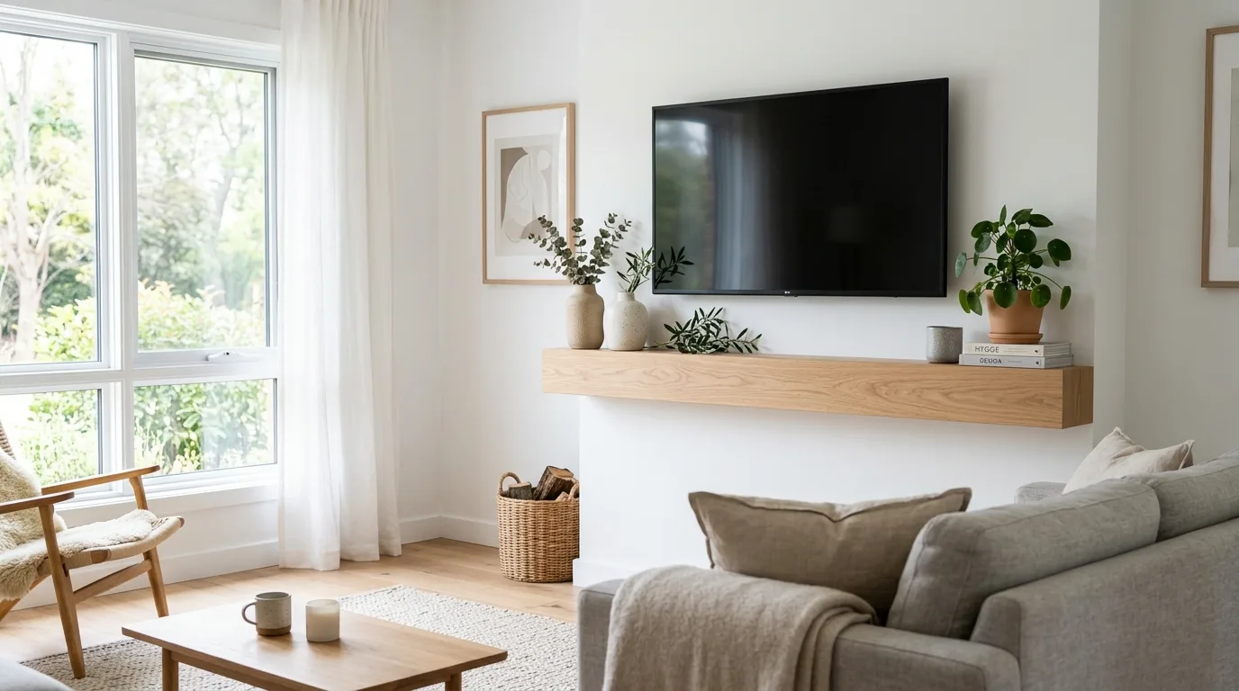 A farmhouse mantel with TV styled on a warm wood ledge, no people