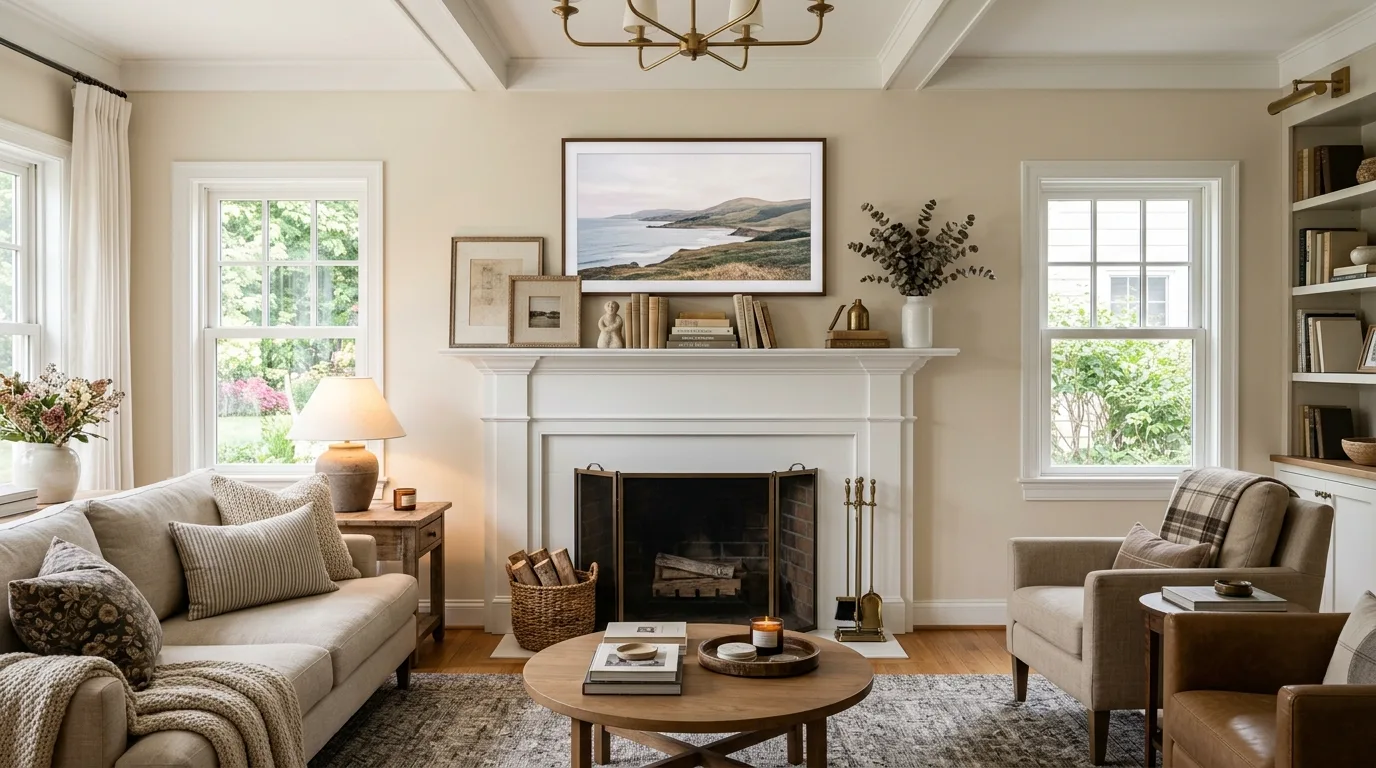 A dark moody mantel wall with TV soft lamp glow and restrained decor, no people