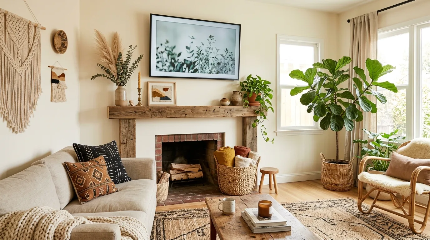 A small apartment fireplace mantel with TV and floating side shelf, no people