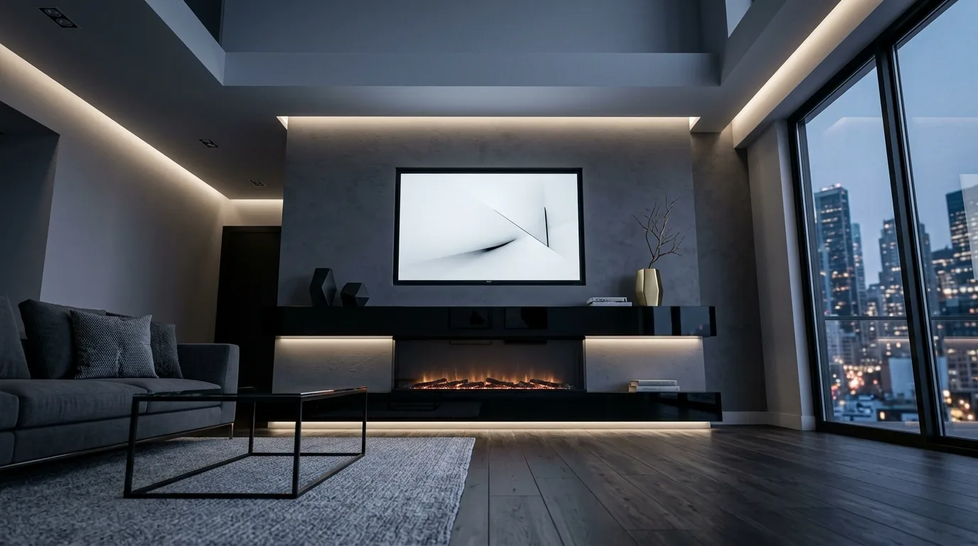 A paneled mantel wall with centered TV styled architecturally, no people