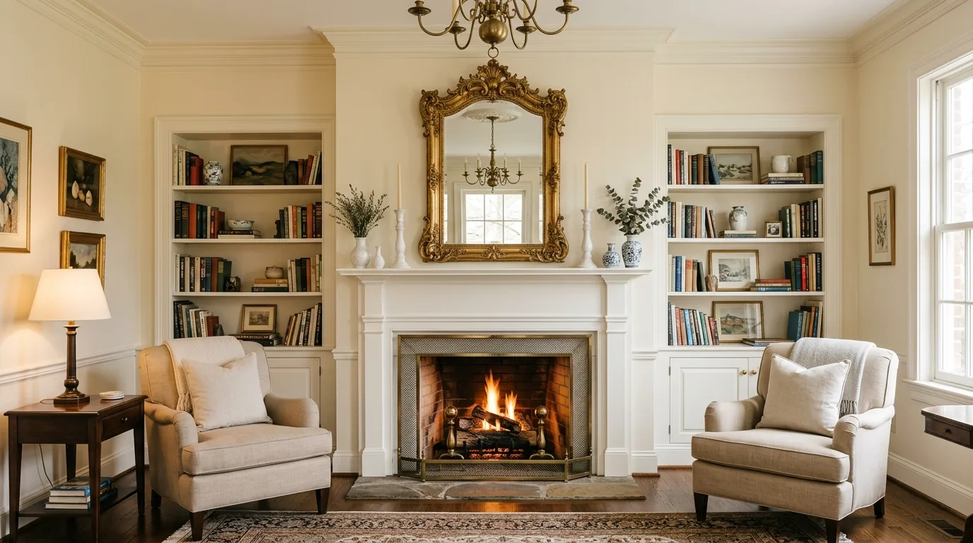 An elegant mantel with arched mirror brass candlesticks and greenery, no people