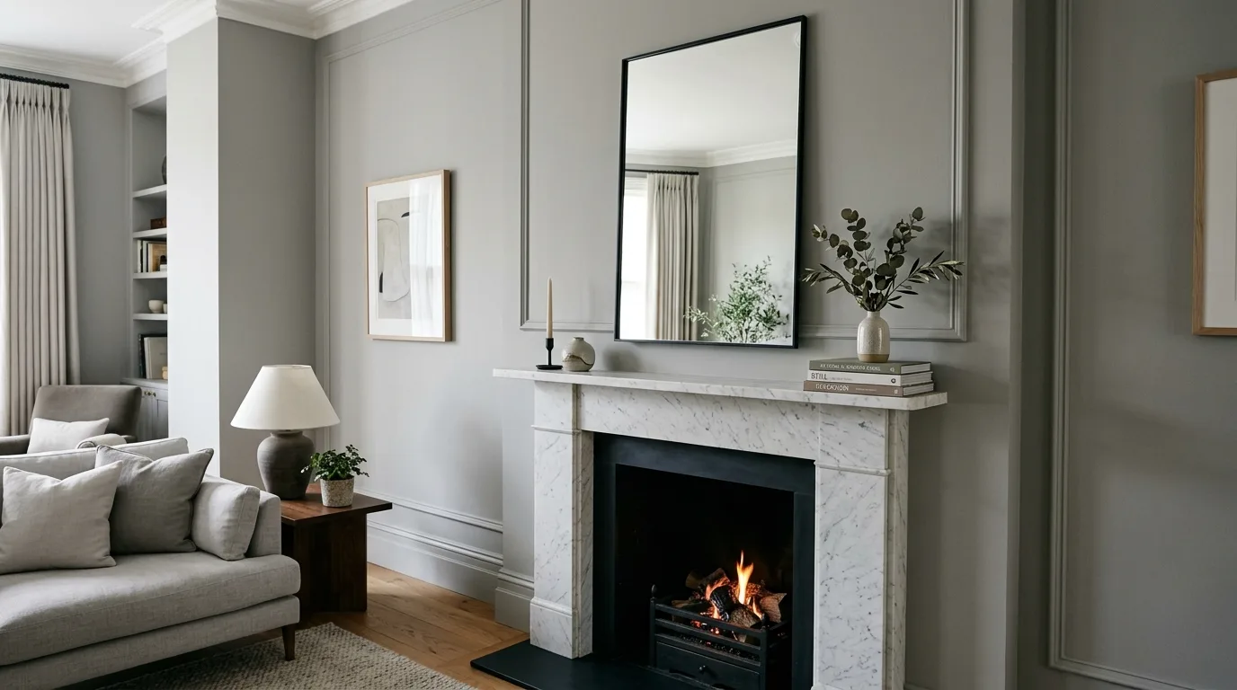 An elegant mantel with antique gold mirror pale pottery and stacked books, no people