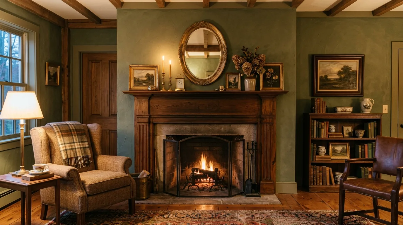 An elegant white mantel with round mirror and symmetrical sconces, no people