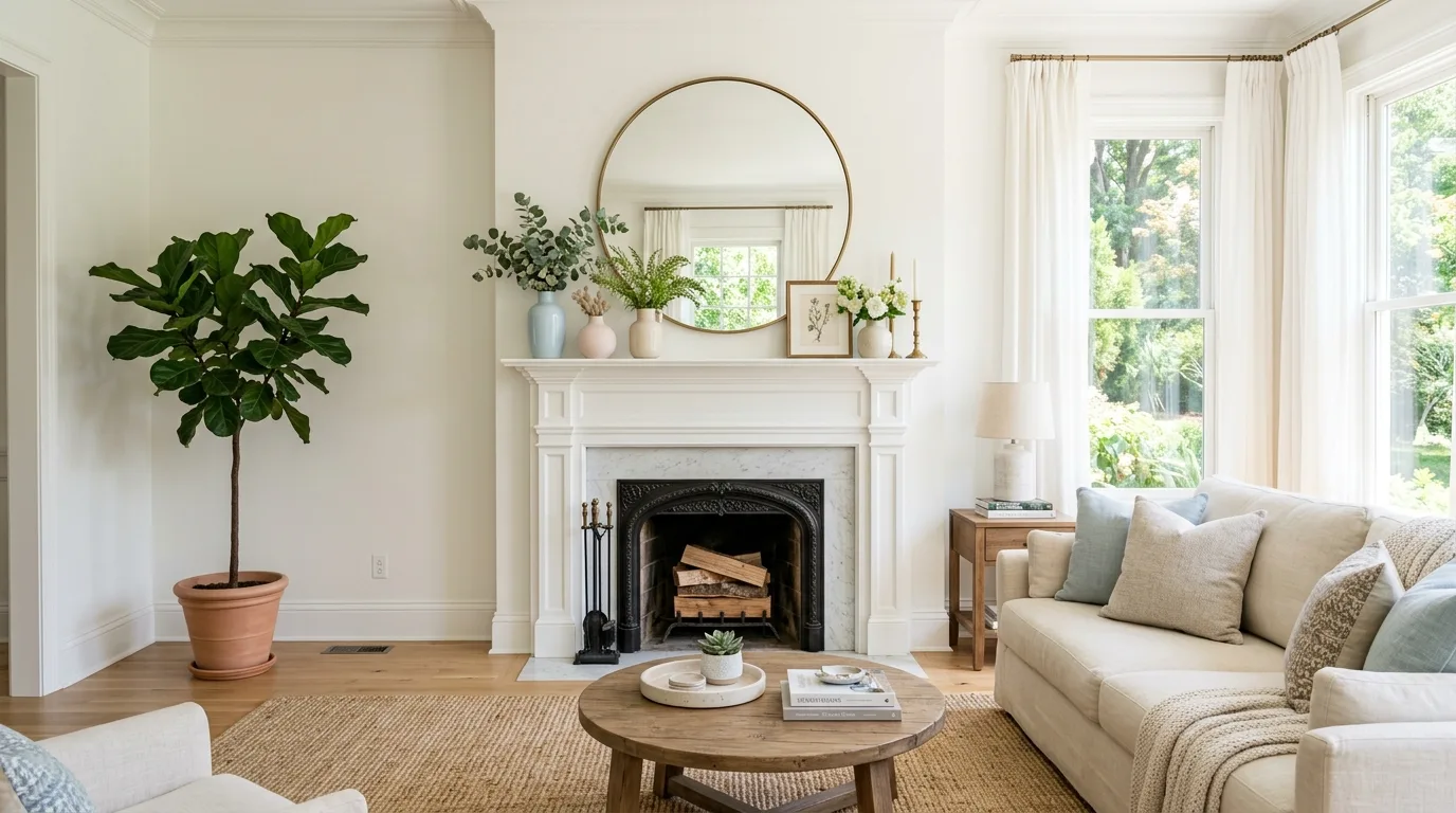 An elegant rustic mantel with weathered wood mirror and olive branches, no people