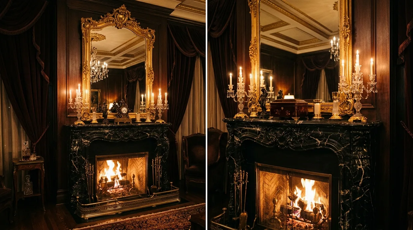An elegant mantel with leaned mirror layered frames and low floral arrangement, no people