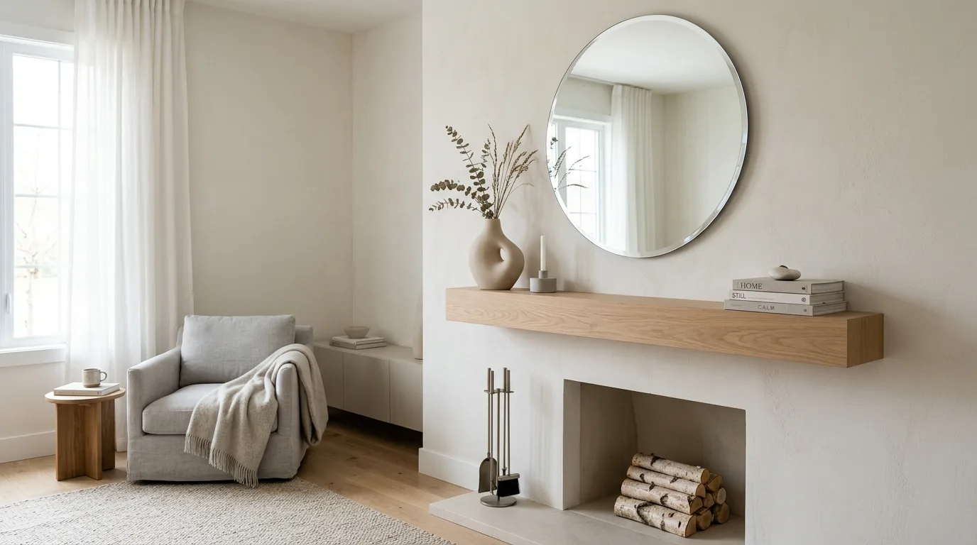 An elegant modern classic mantel with black framed mirror and restrained objects, no people