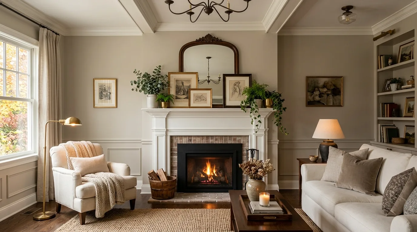 An elegant paneled fireplace wall with tall mirror and taper candles, no people