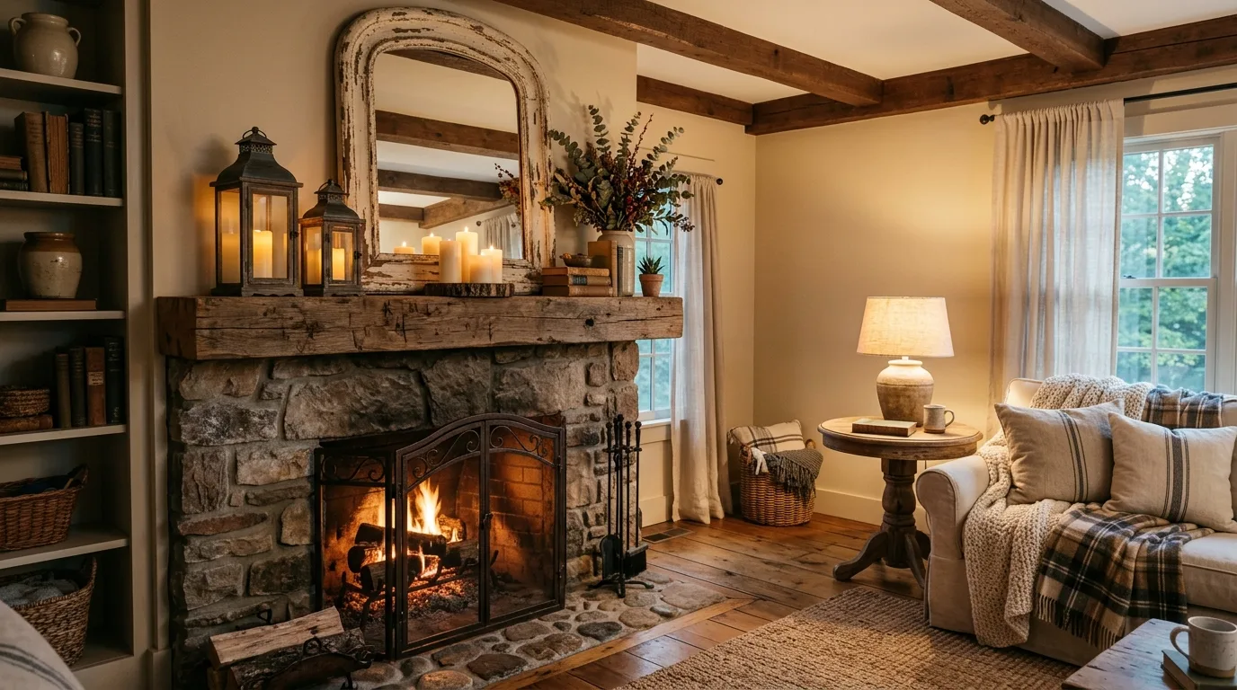 An elegant coastal mantel with whitewashed mirror and pale accents, no people