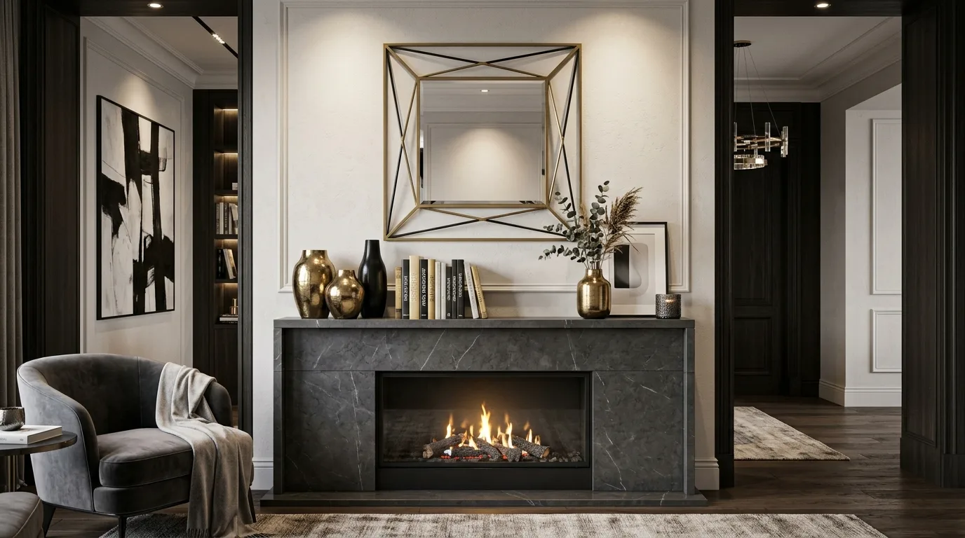 An elegant mantel with French style mirror marble surround and low urn planters, no people