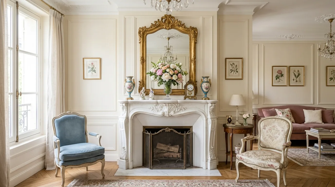 An elegant farmhouse mantel with windowpane mirror and woven details, no people
