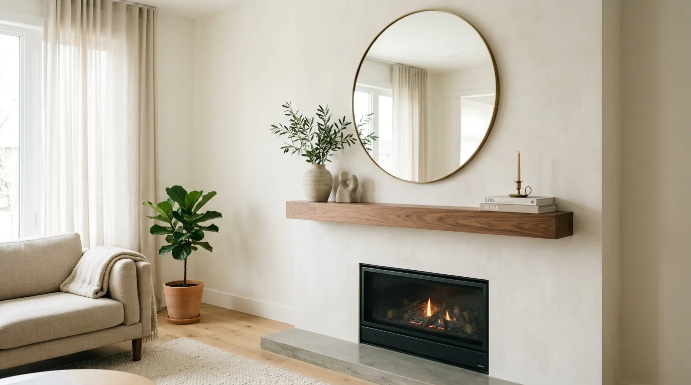 An elegant minimal mantel with frameless mirror and sculptural vase, no people