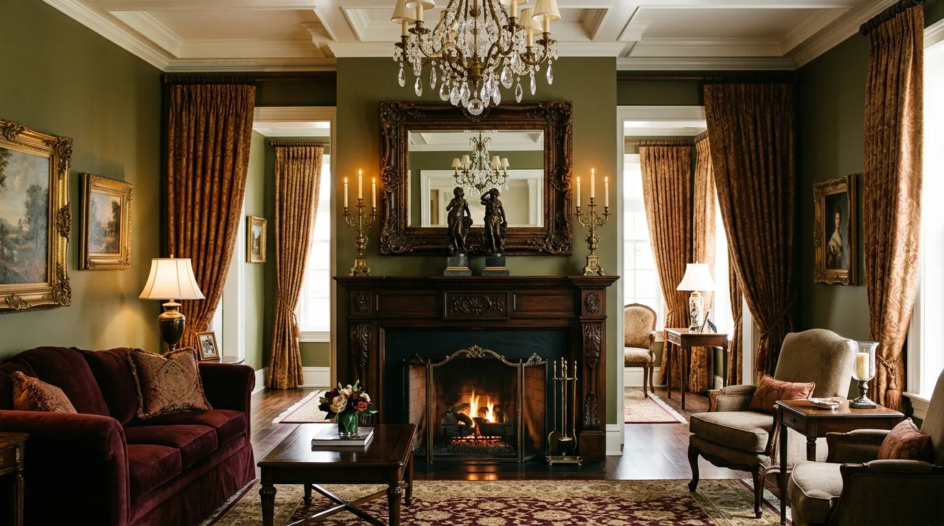 An elegant traditional mantel with oval mirror and layered botanical prints, no people