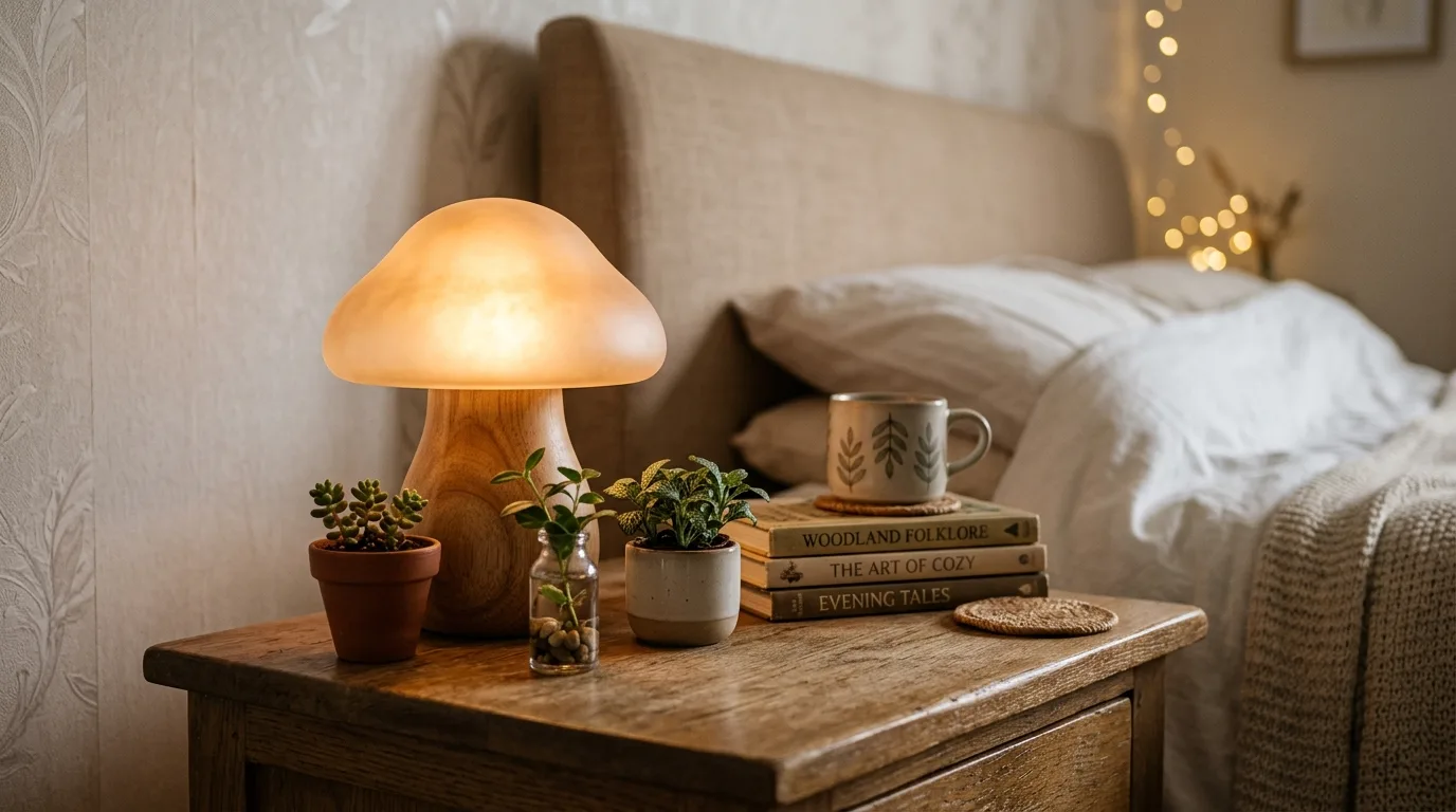 A whimsical amber glass mushroom lamp on bedside table with stacked books, no people
