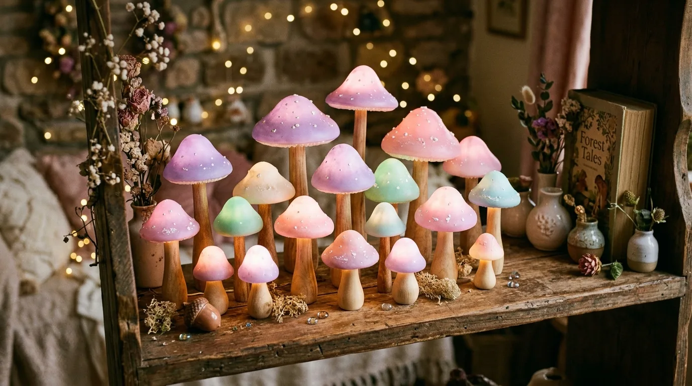 A whimsical opal mushroom lamp in reading nook with floor cushions, no people