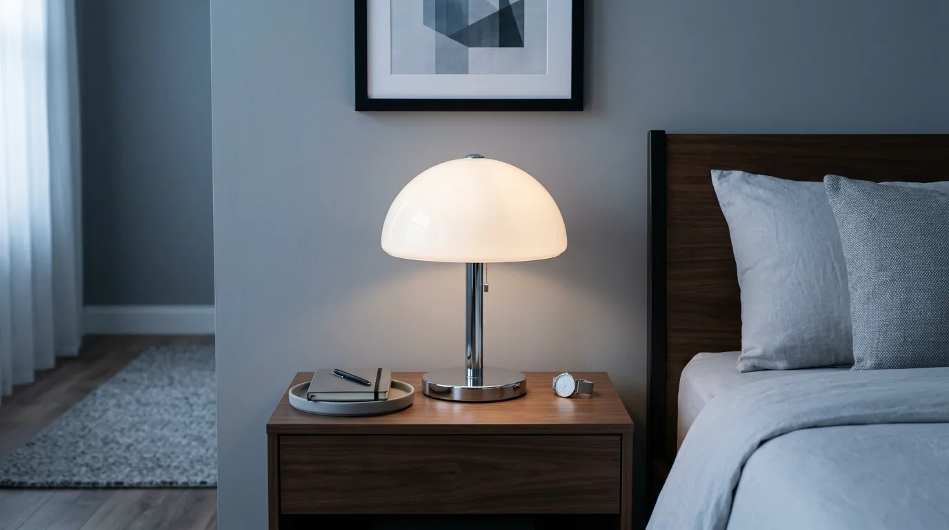 A whimsical vintage brass mushroom lamp on entry console with mirror, no people