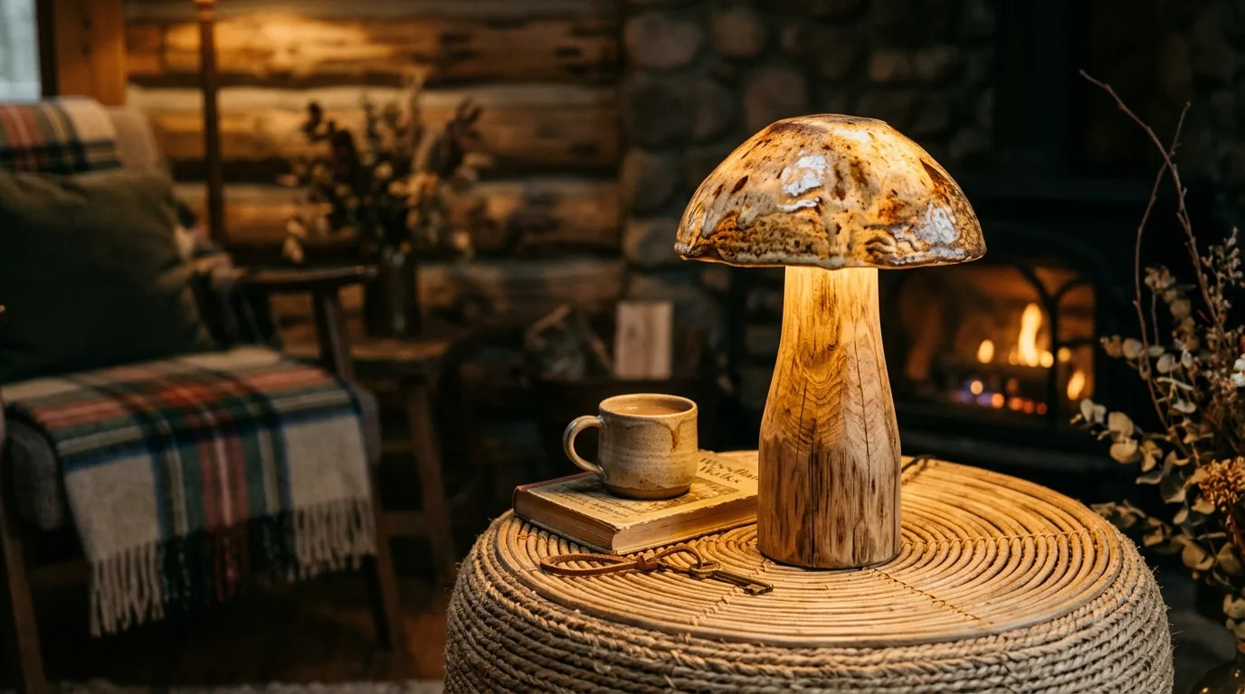 A whimsical colored acrylic mushroom lamp on desk, no people