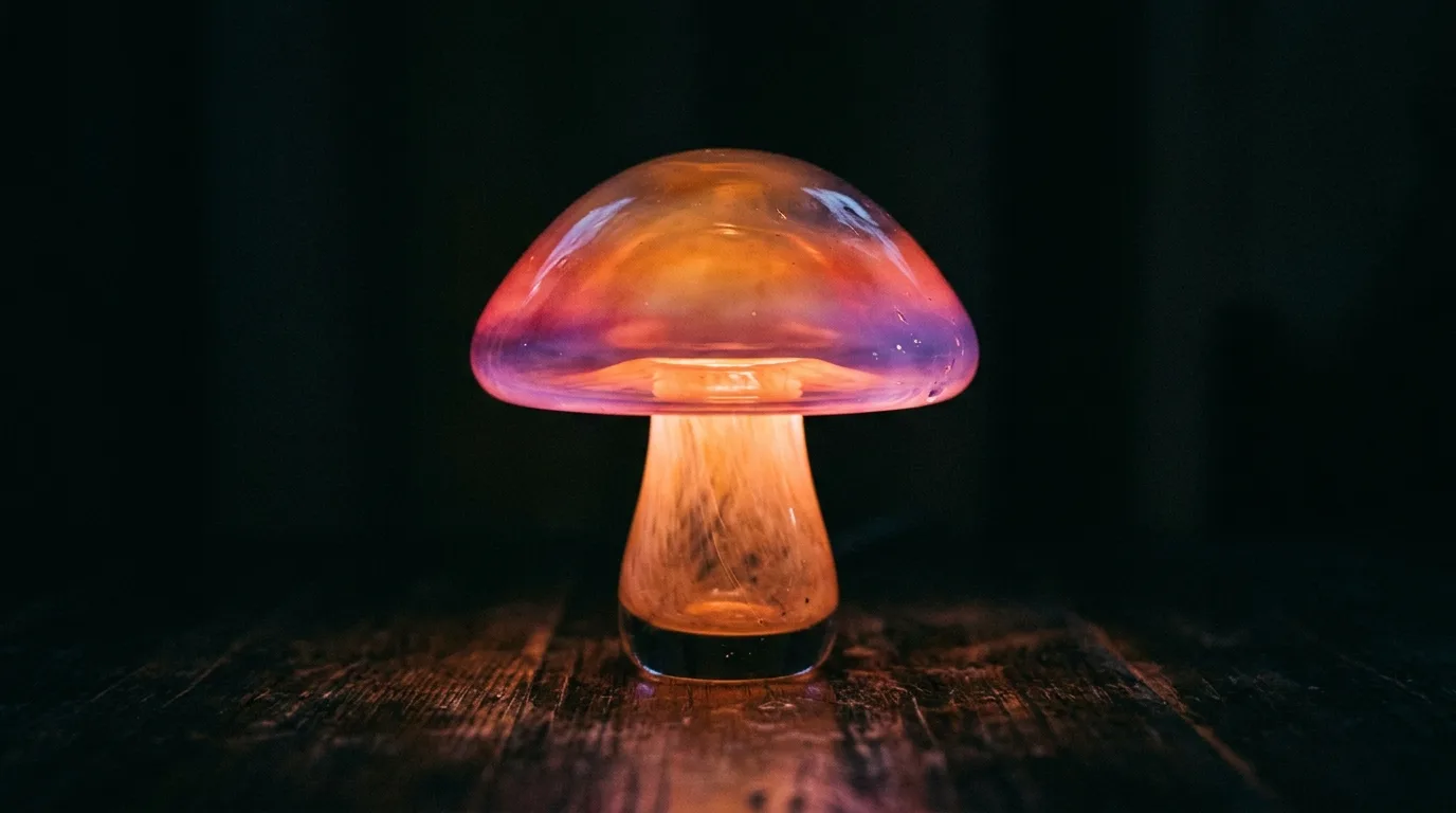 A whimsical ceramic mushroom lamp on nursery dresser with soft glow, no people