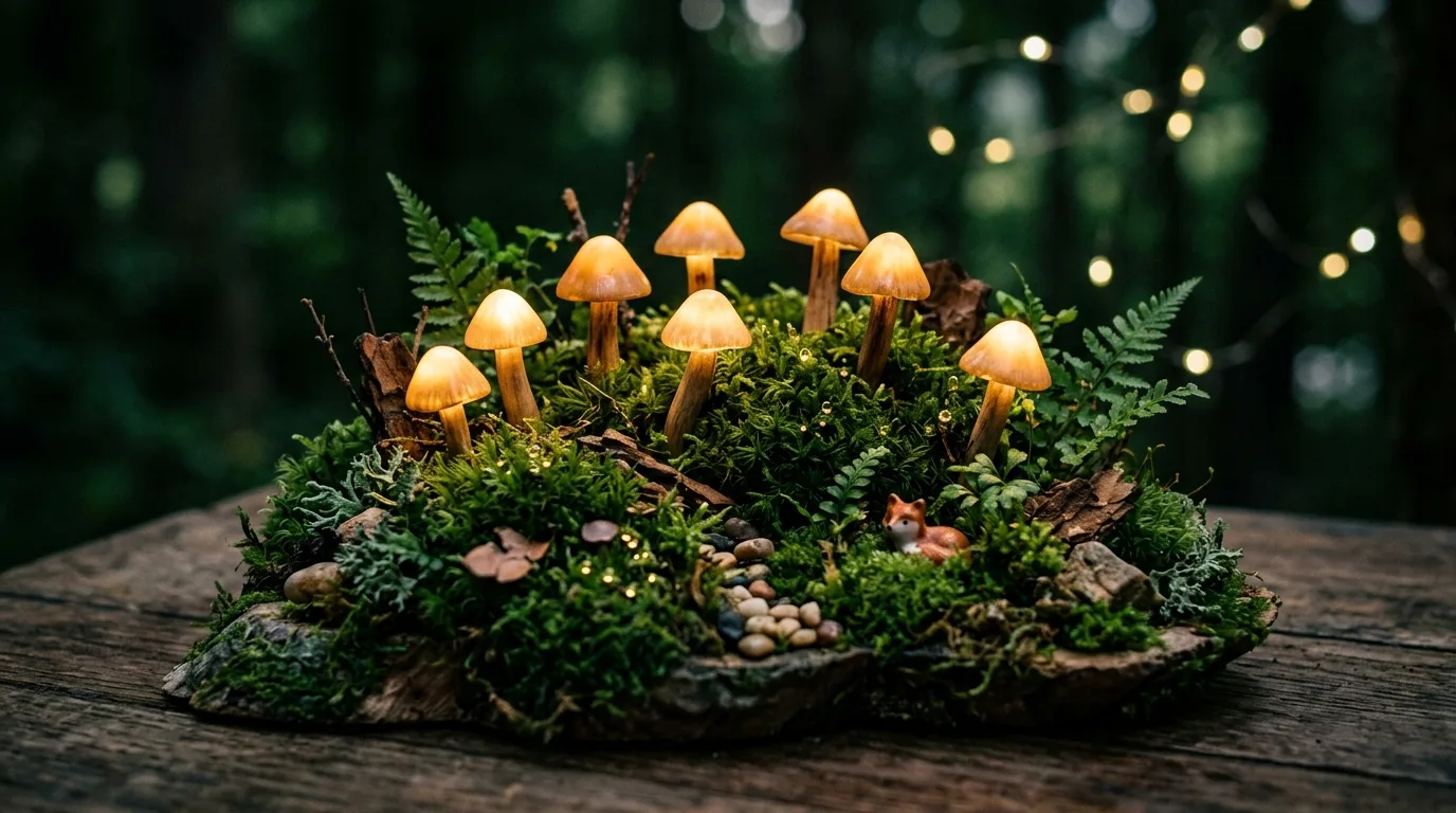 A whimsical shelf display with clustered mini mushroom lamps, no people
