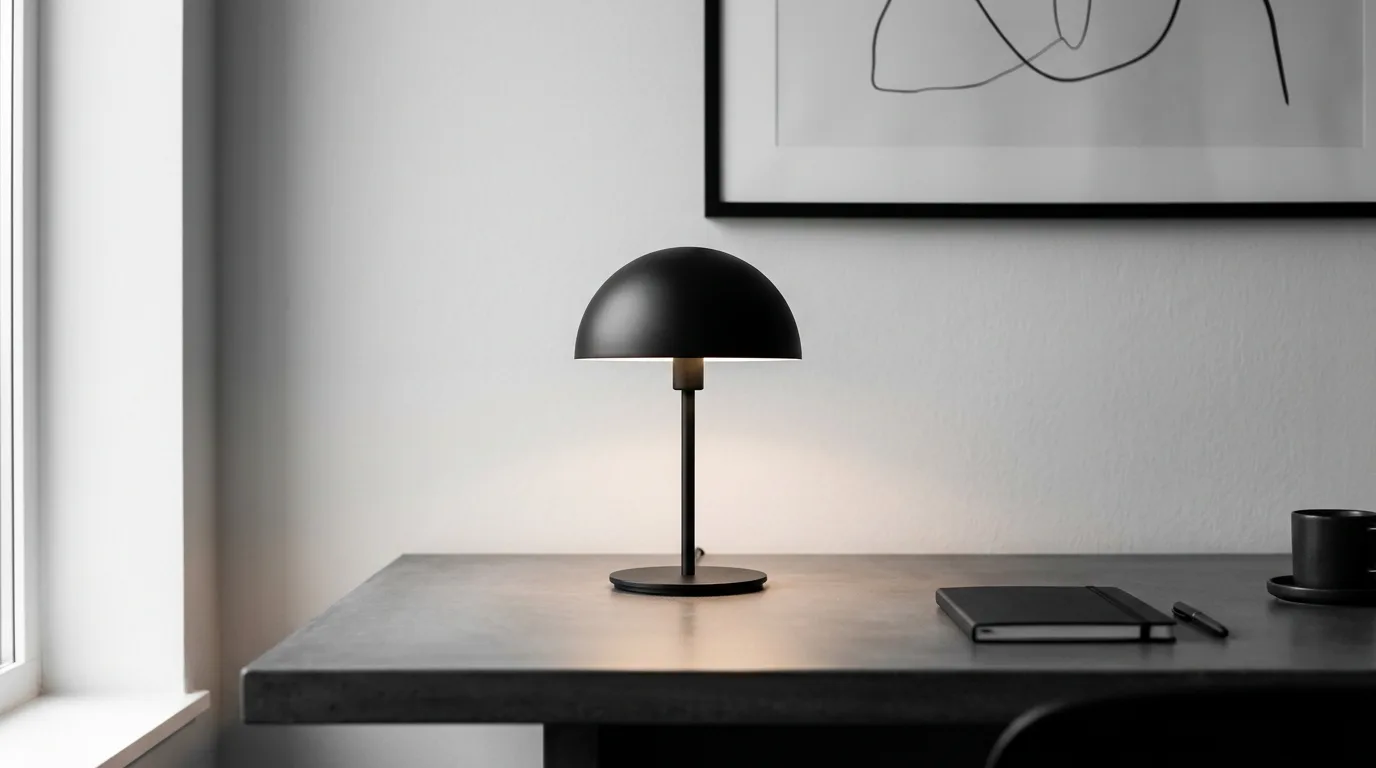A whimsical white mushroom lamp with boucle and pale wood bedroom styling, no people