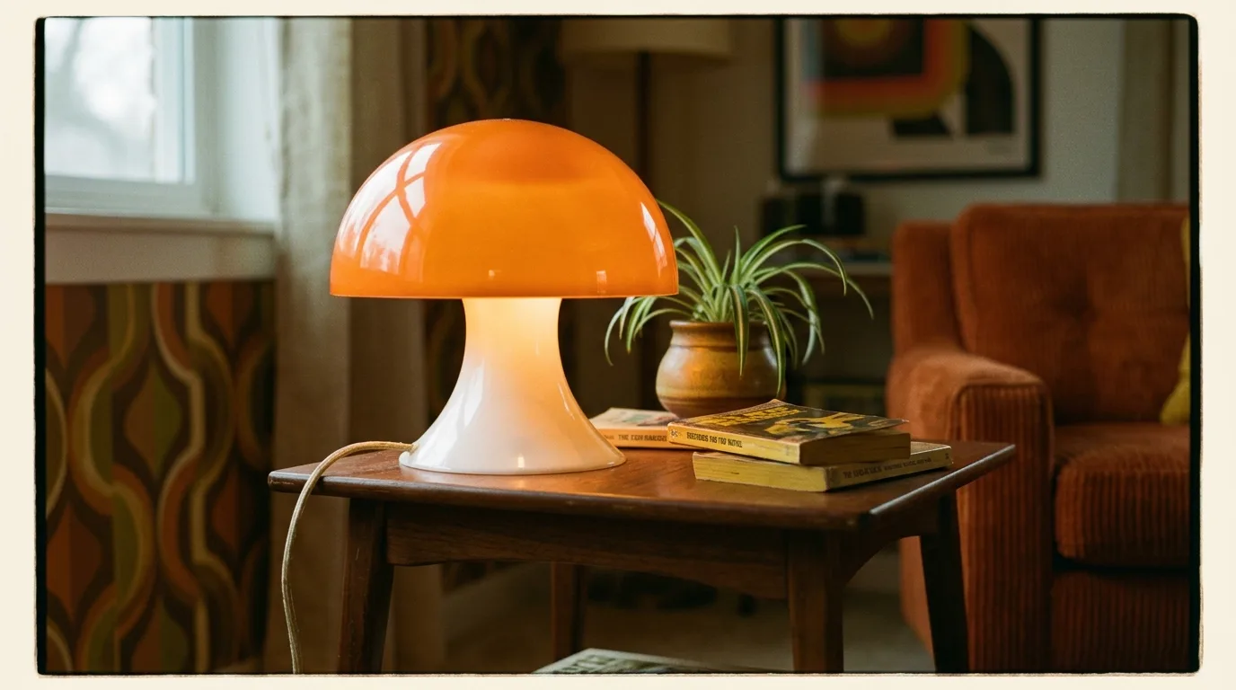 A whimsical deep red mushroom lamp on vintage side table, no people