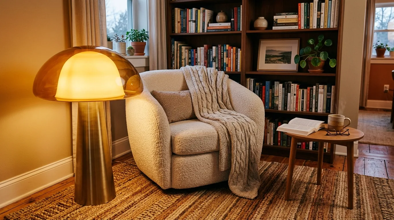 A whimsical mushroom lamp in cottagecore windowsill with tiny plants, no people