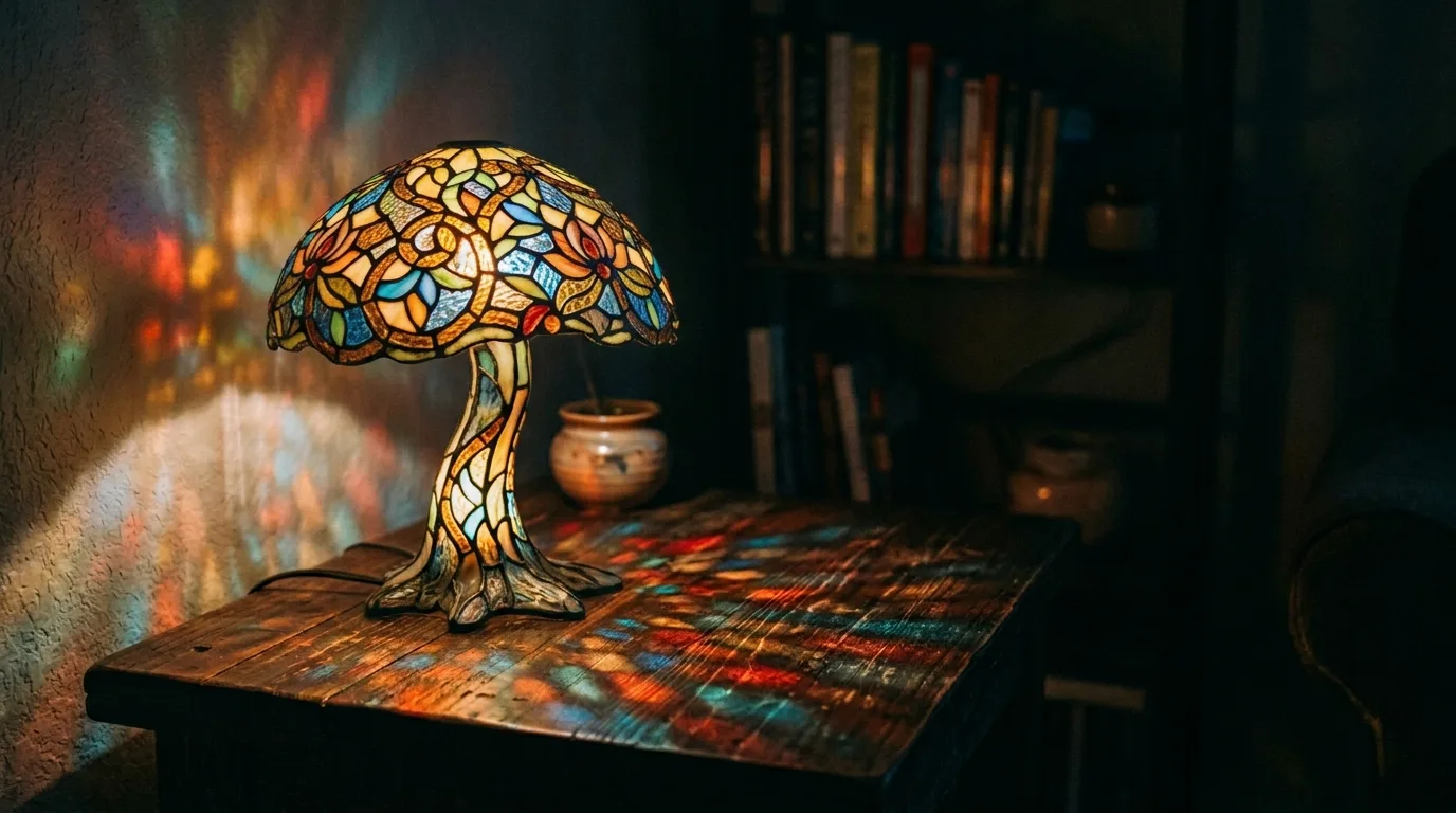A whimsical smoked glass mushroom lamp in modern living room corner, no people