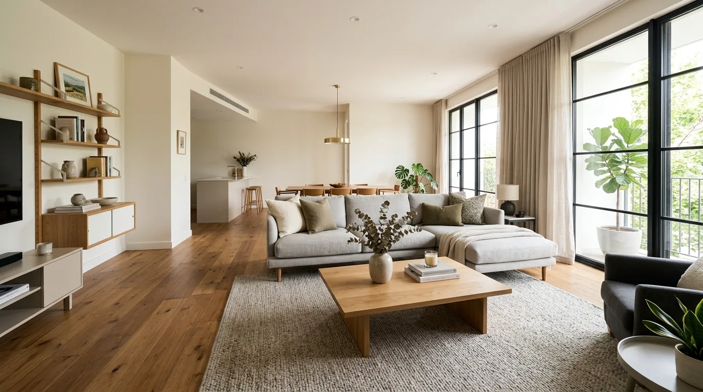 An open floor plan with large area rug defining sofa zone, no people