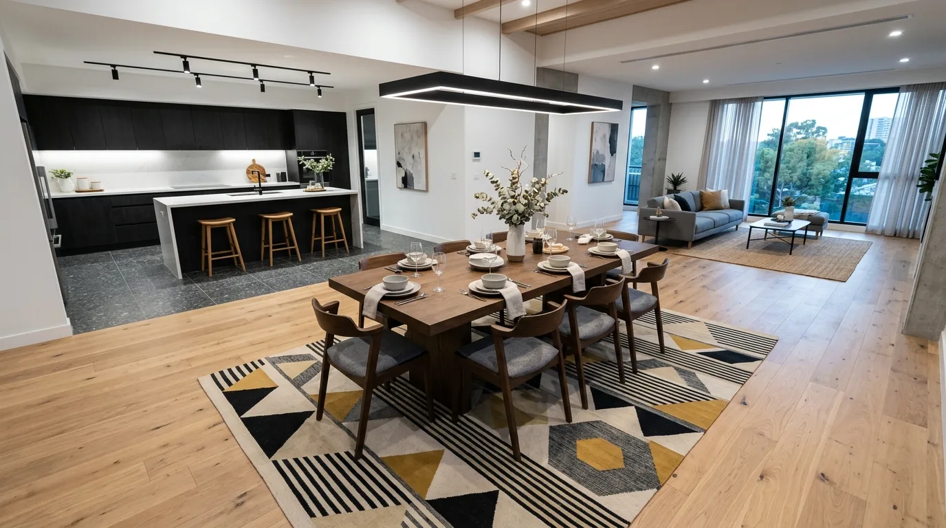 An open floor plan with two related rugs defining lounge and dining zones, no people