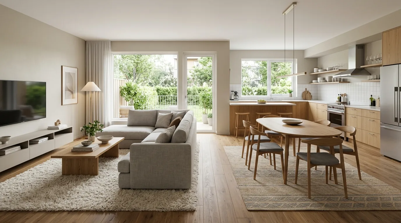 An open floor plan with round rug beneath breakfast table, no people