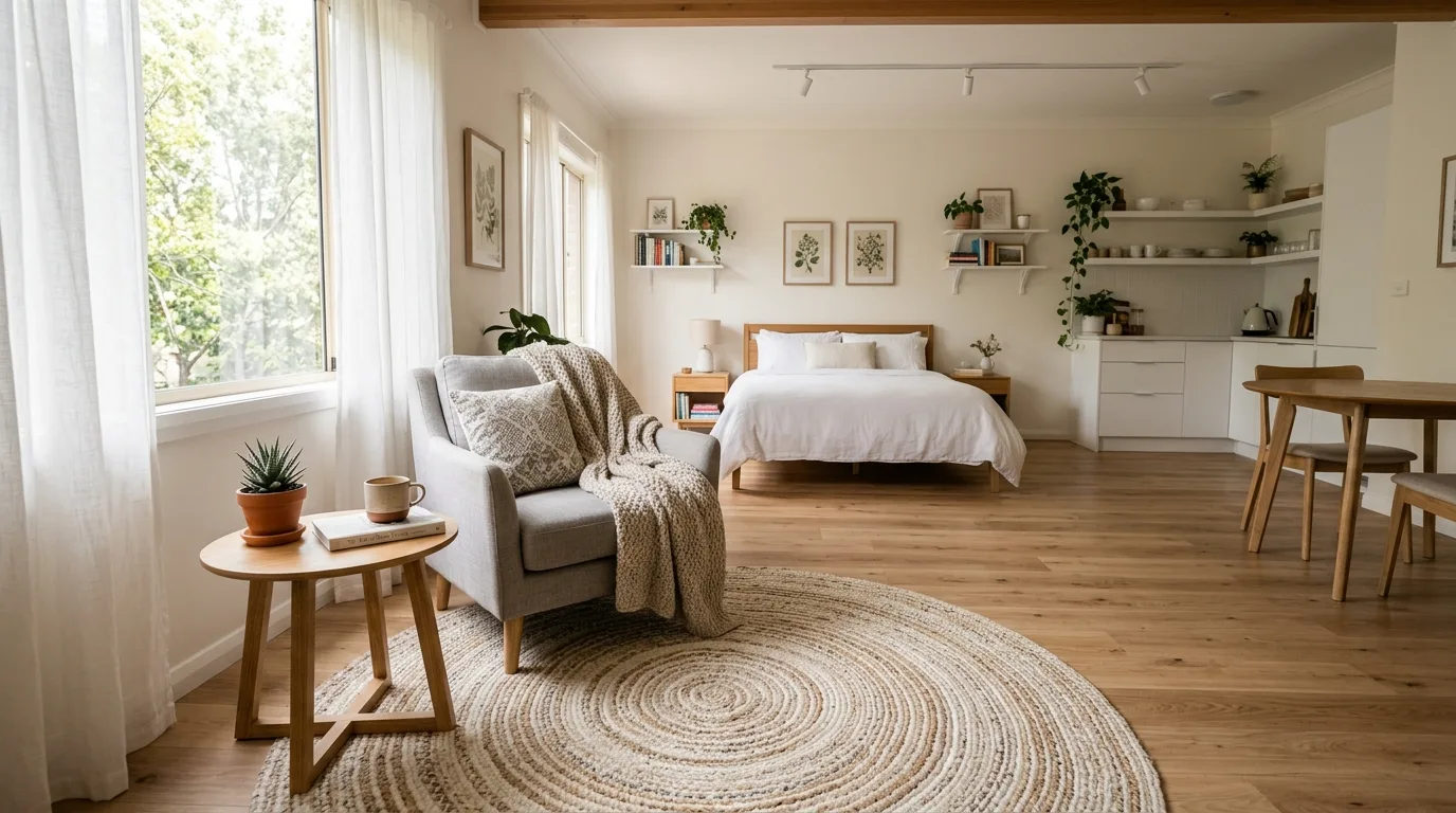 An open floor plan with layered jute and patterned rugs in seating area, no people