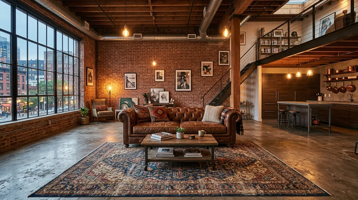 A narrow open floor plan with long runner style rug guiding movement, no people