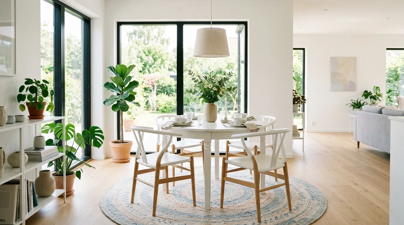 An open floor plan with high contrast rug under sectional, no people