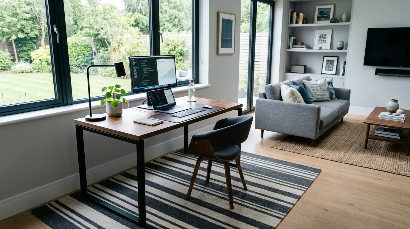 An open floor plan with quiet tonal rug beneath dining chairs, no people
