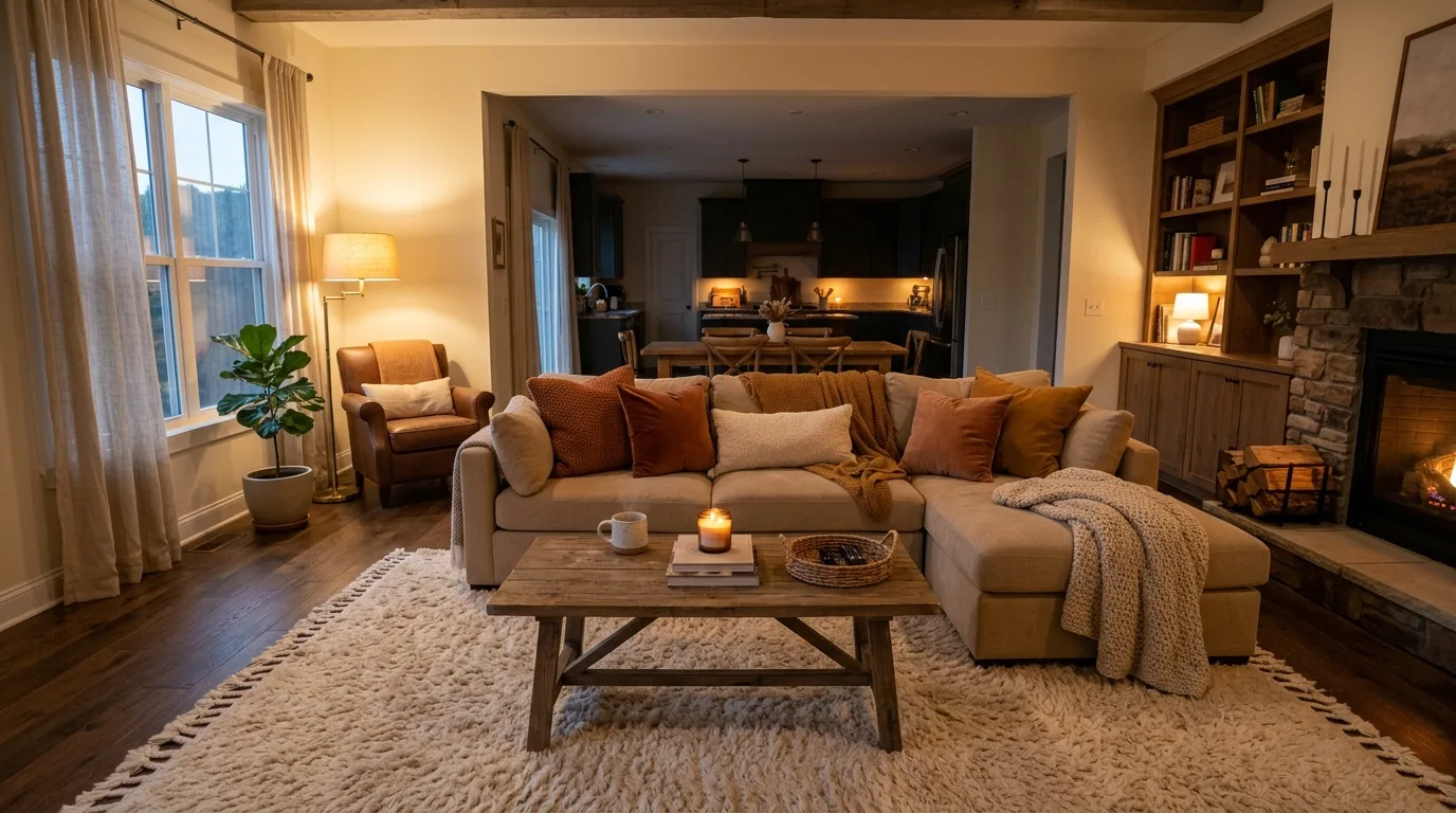 An open floor plan with small rug creating conversation nook, no people