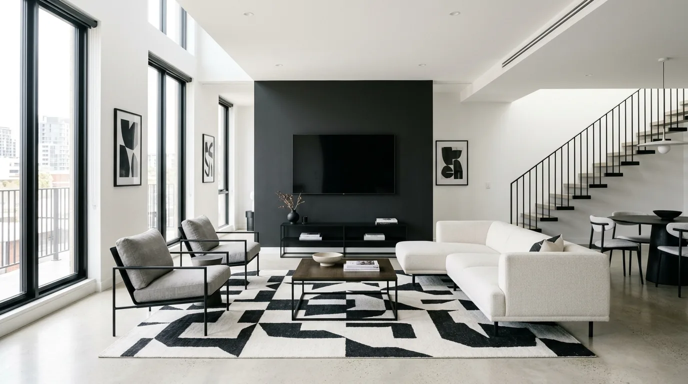 An open floor plan with natural fiber rug linking kitchen and eating area, no people