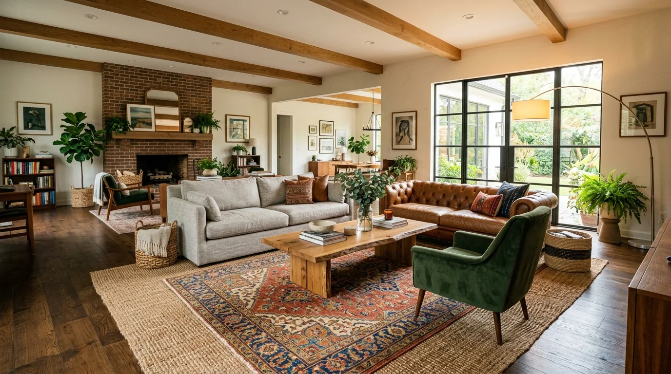 An open floor plan with bold geometric rug defining office corner, no people