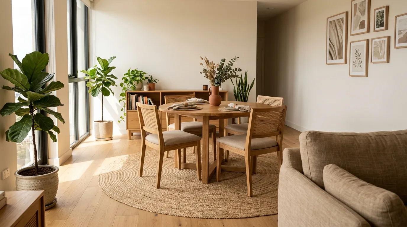 An open floor plan with soft neutral rug under media wall seating area, no people