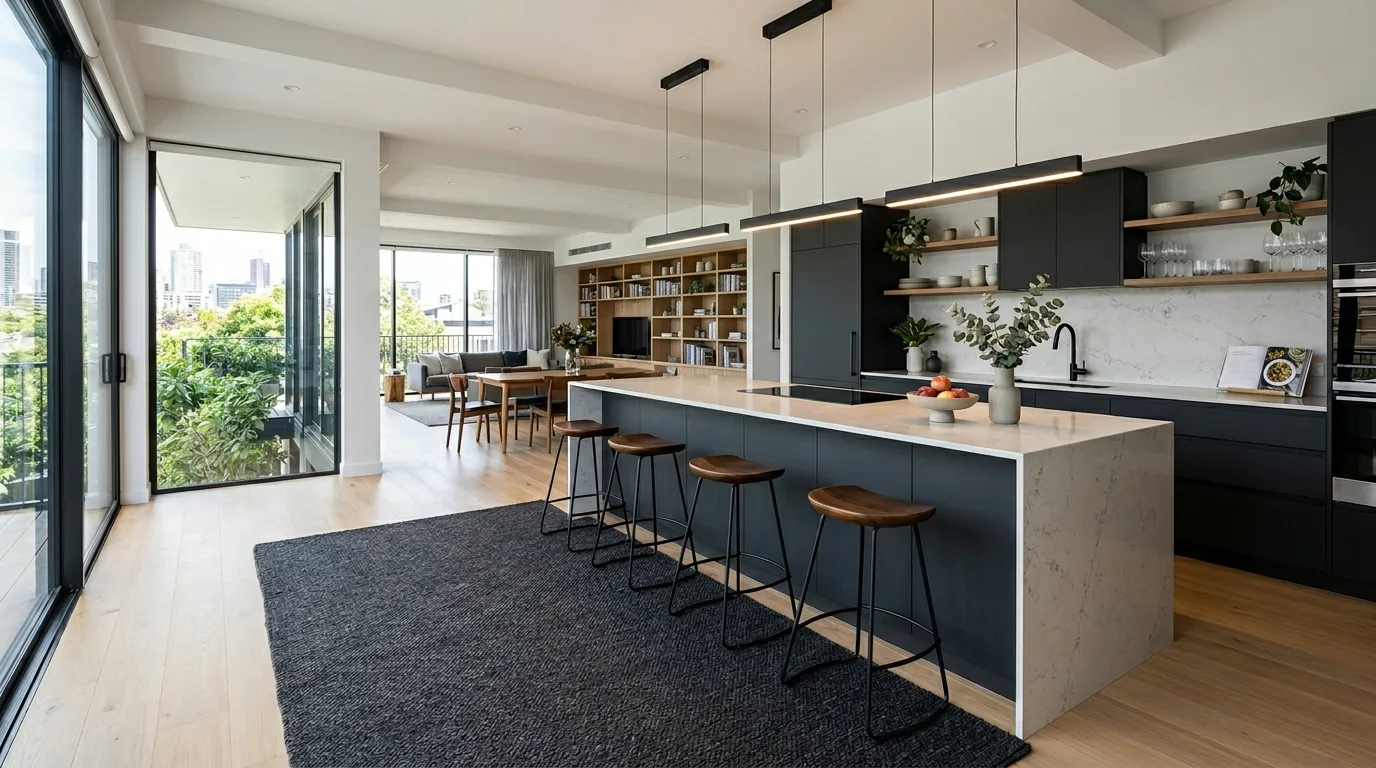 An open floor plan with playful checker rug defining family area, no people