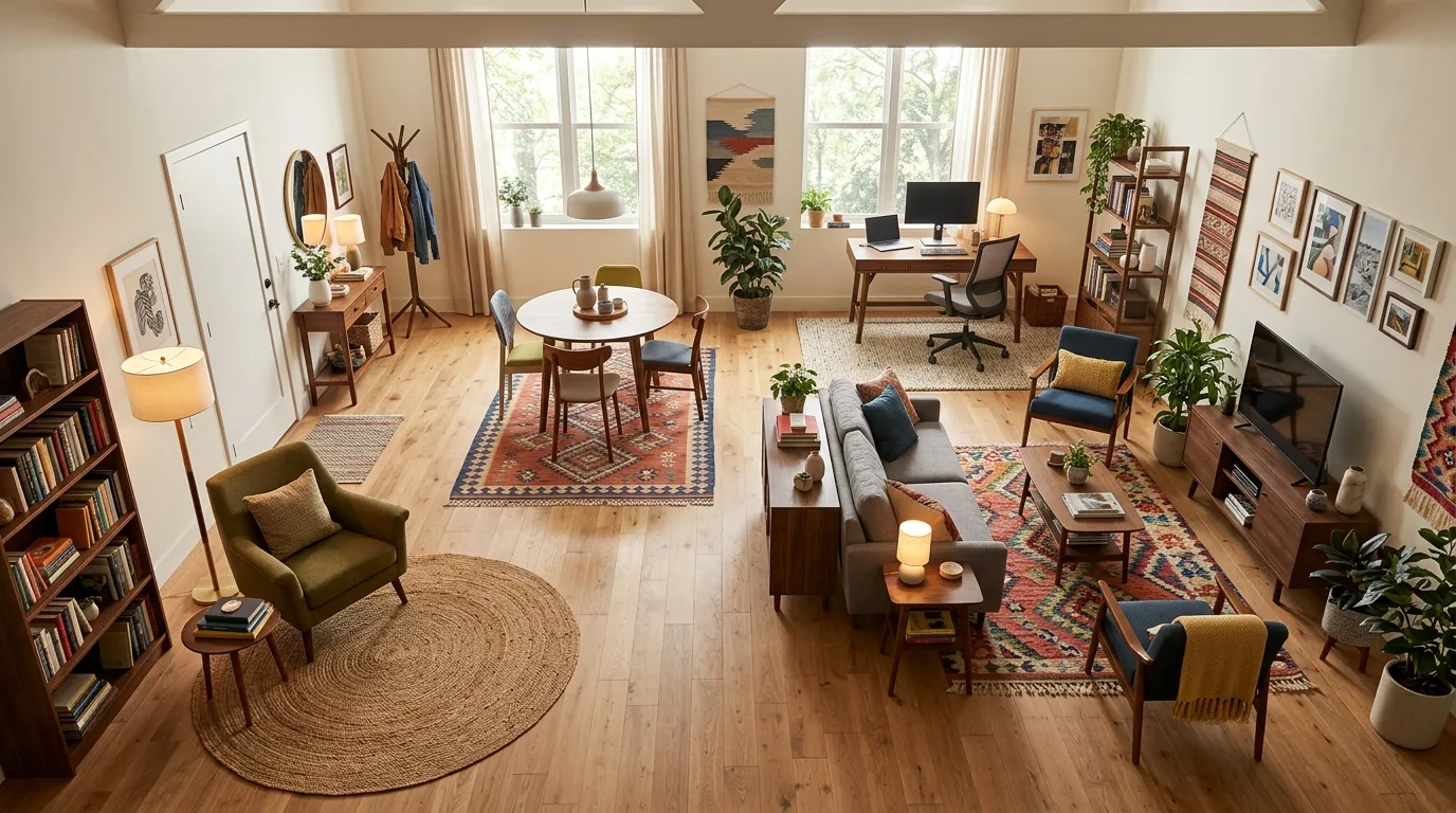 An open floor plan with oversized rug creating room within a room, no people