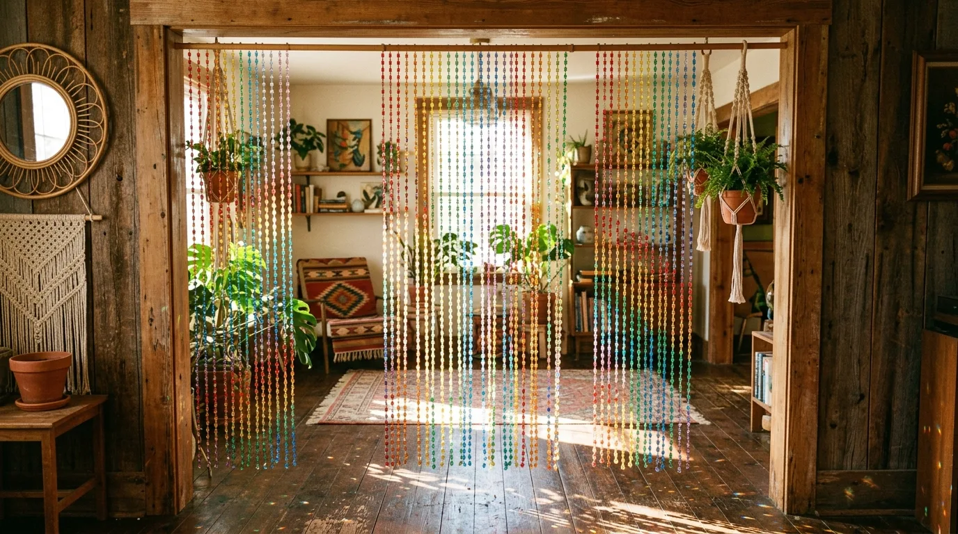 A funky wood beaded curtain between lounge and dining rooms, no people