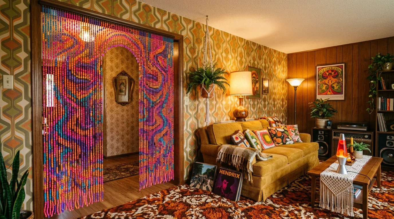 A funky shell toned beaded curtain in breezy sunroom, no people