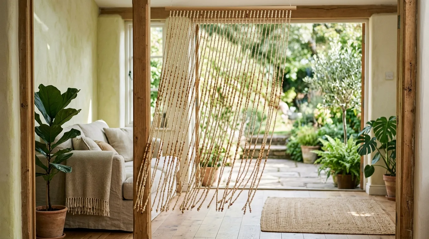 A funky rainbow beaded curtain leading to reading nook, no people