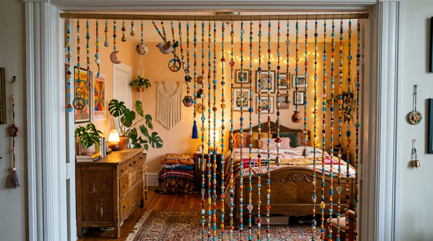 A funky amber beaded curtain around pantry or bar alcove, no people
