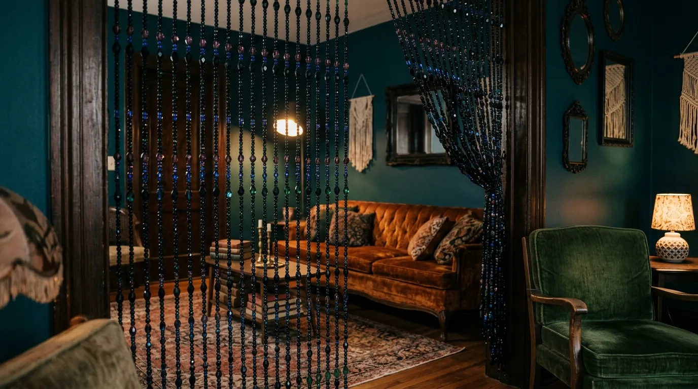 A funky clear beaded curtain catching light by apartment window, no people