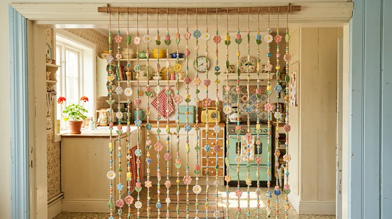 A funky beaded curtain over closet entry with mirror and rattan accents, no people