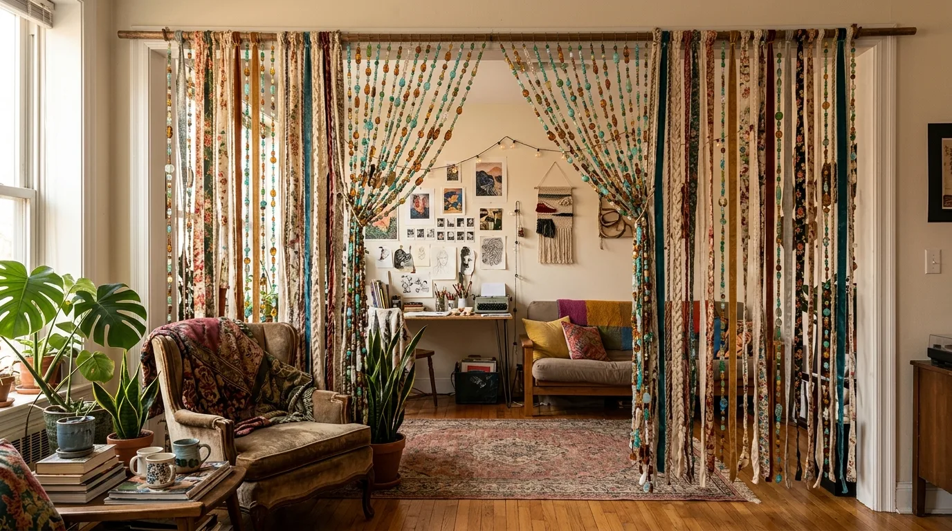 A funky pastel beaded curtain in nursery or playful corner, no people