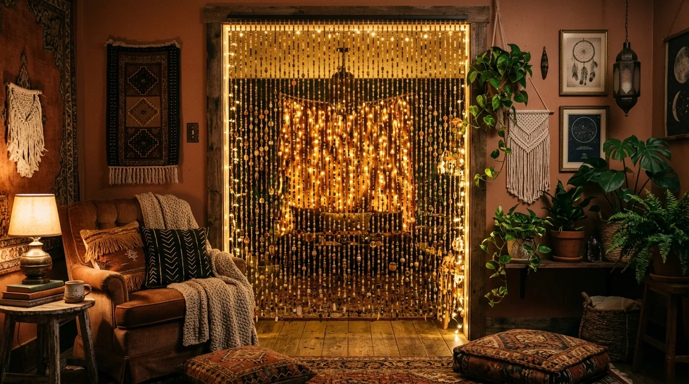 A funky wood beaded curtain used instead of pantry door, no people
