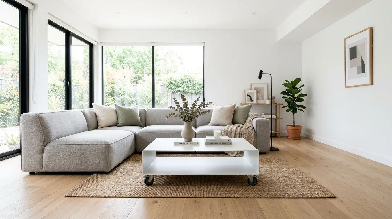 A movable coffee table with lift top used as lounge and work surface, no people