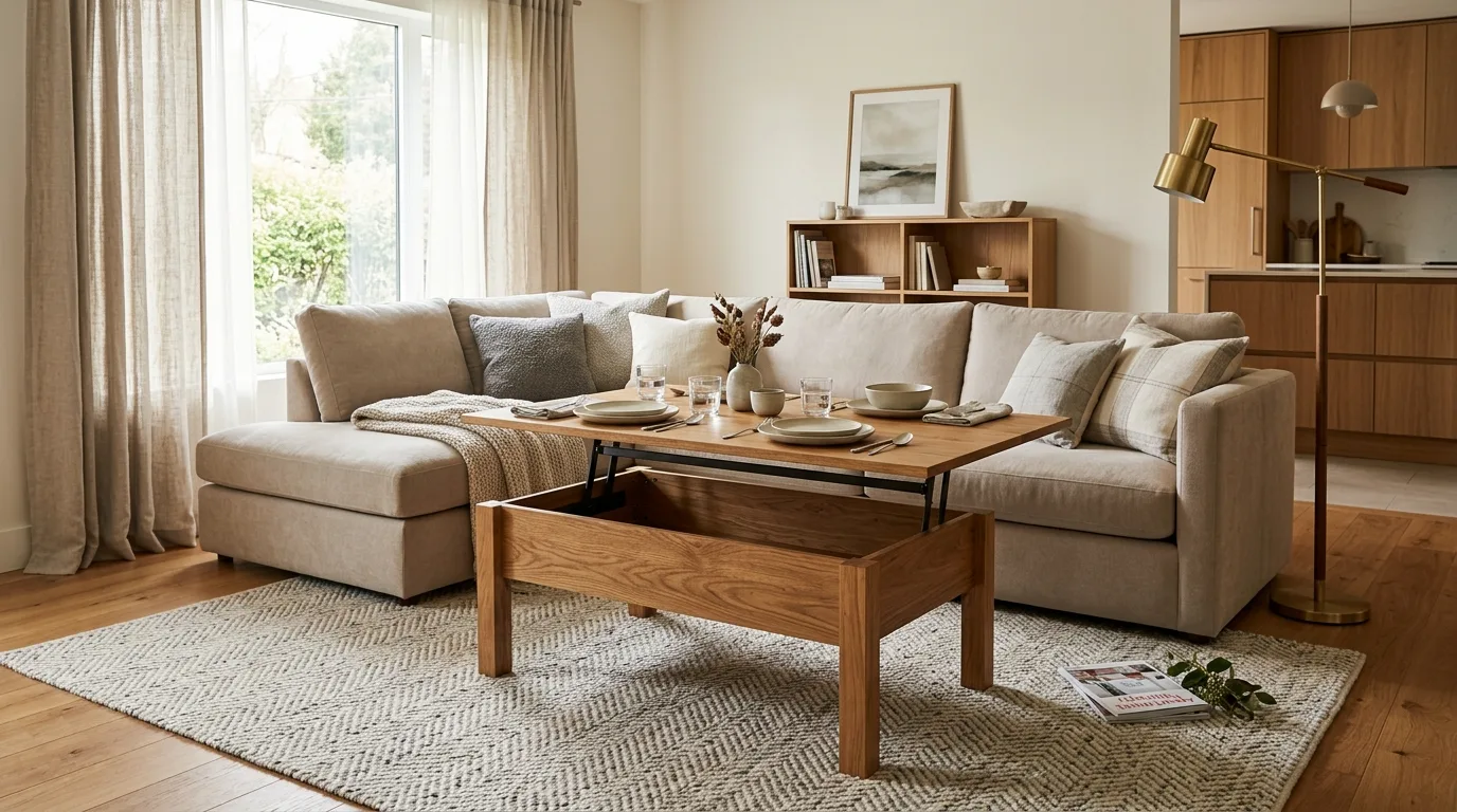 Versatile movable nesting coffee tables in living room, no people