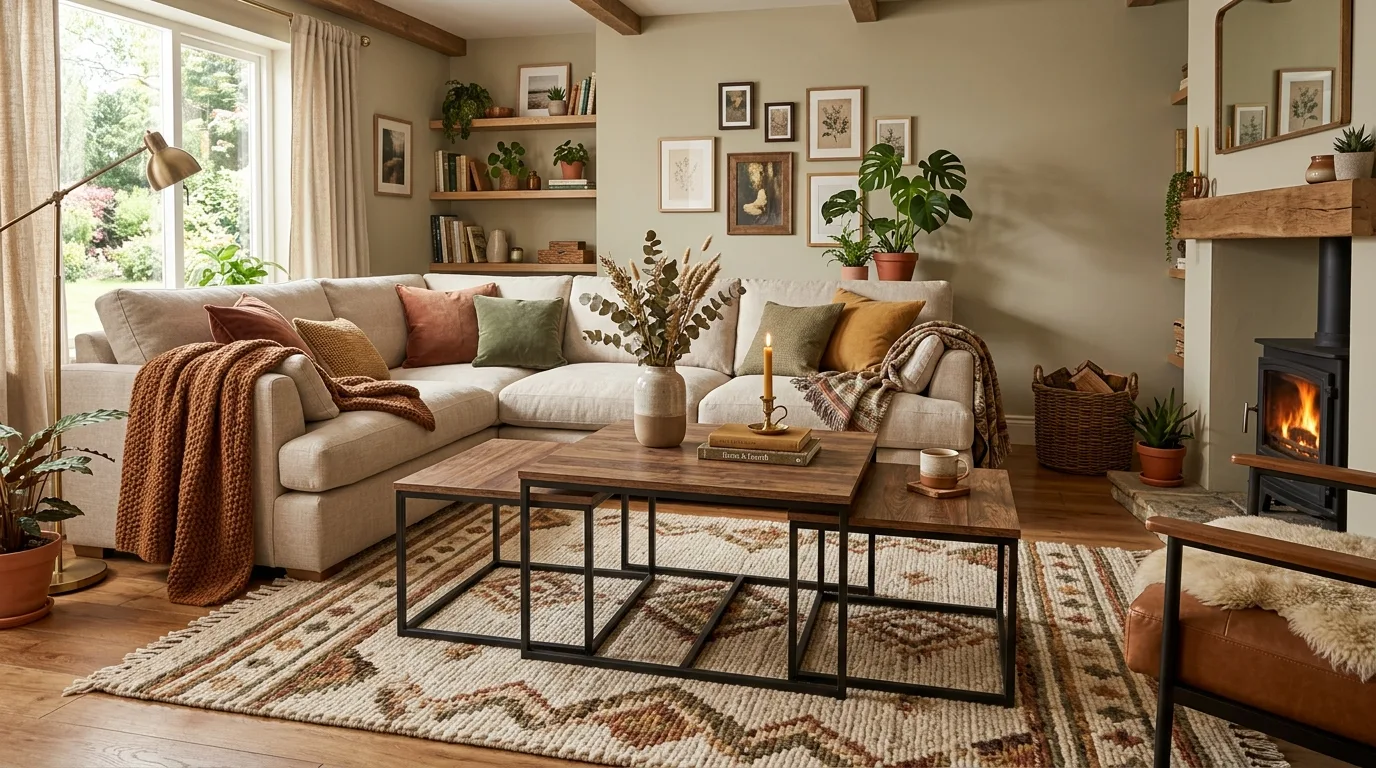 A movable oak coffee table with wheels and lower shelf, no people